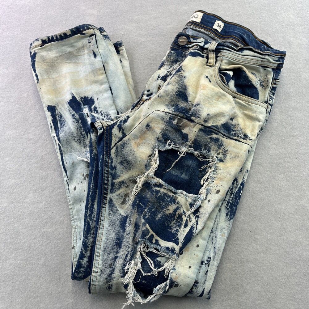 FWRD Denim Men Slim Fit Distressed Moto Jeans Acid Wash Thrashed 34x30 Destroyed